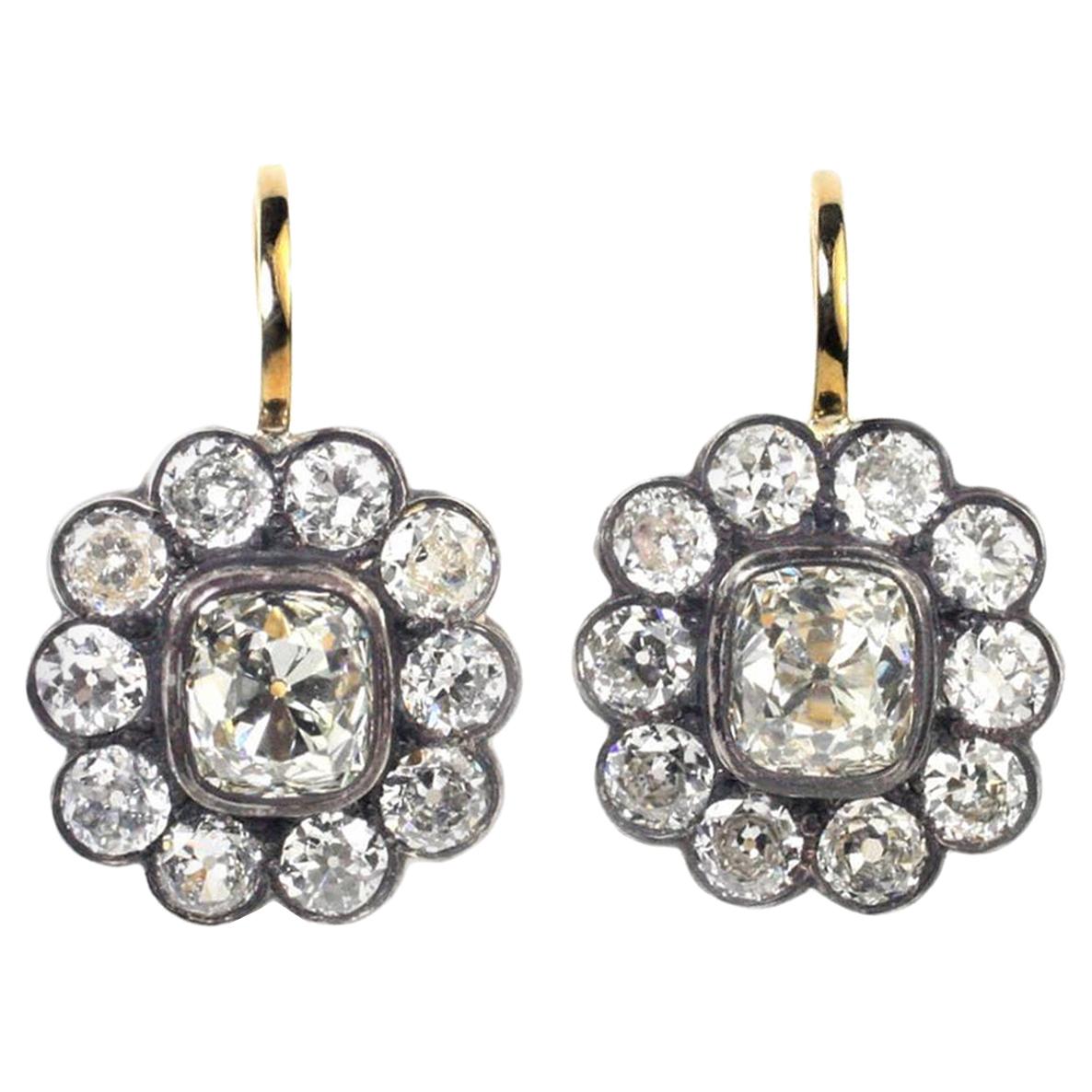 Julius Cohen Old Mine Cut Diamond Cluster Earrings