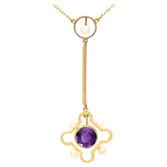 Used 1910s 1.31 Carat Amethyst and Pearl Yellow Gold Necklace