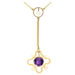 Antike 1910er Jahre 1,31 Karat Amethyst und Perle Gelbgold Halskette