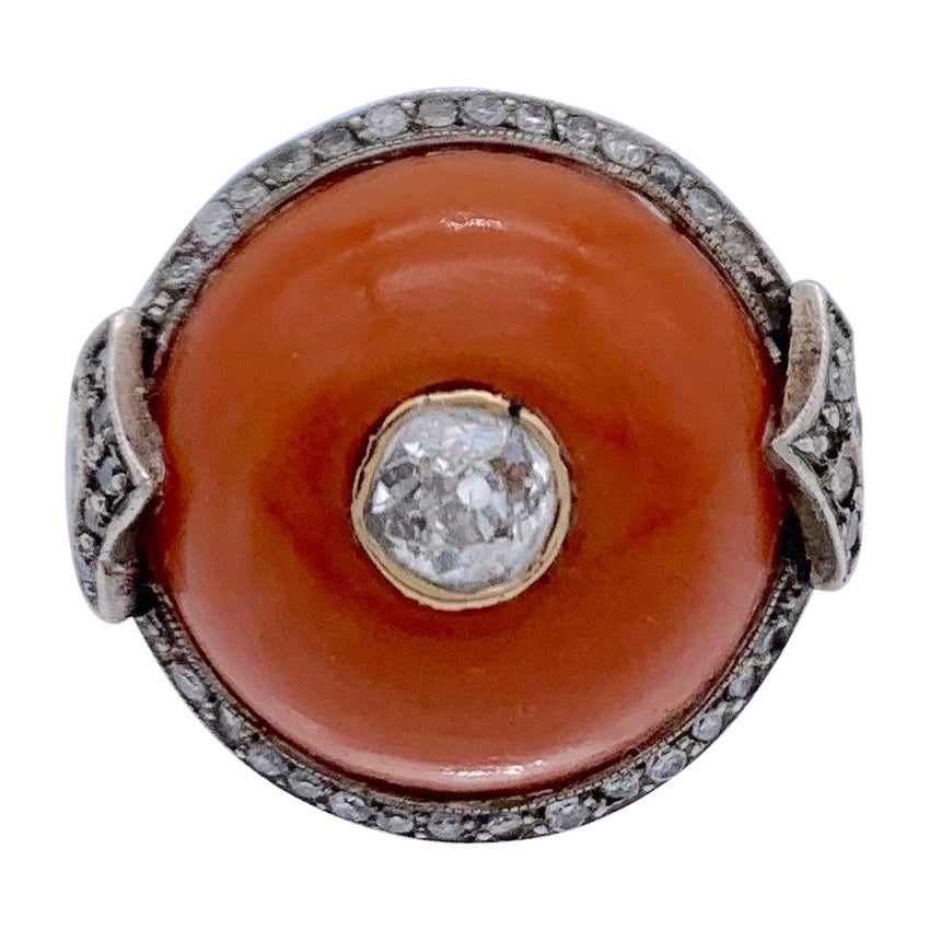 Antique Art Deco Cabochon Corallium Rubrum Diamond 18 Kt Gold Platinum Dome Ring For Sale