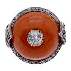 Antique Art Deco Cabochon Corallium Rubrum Diamond 18 Kt Gold Platinum Dome Ring