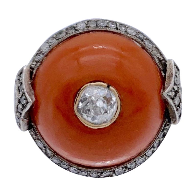 Antique Art Deco Cabochon Corallium Rubrum Diamond 18 Kt Gold Platinum Dome  Ring For Sale at 1stDibs