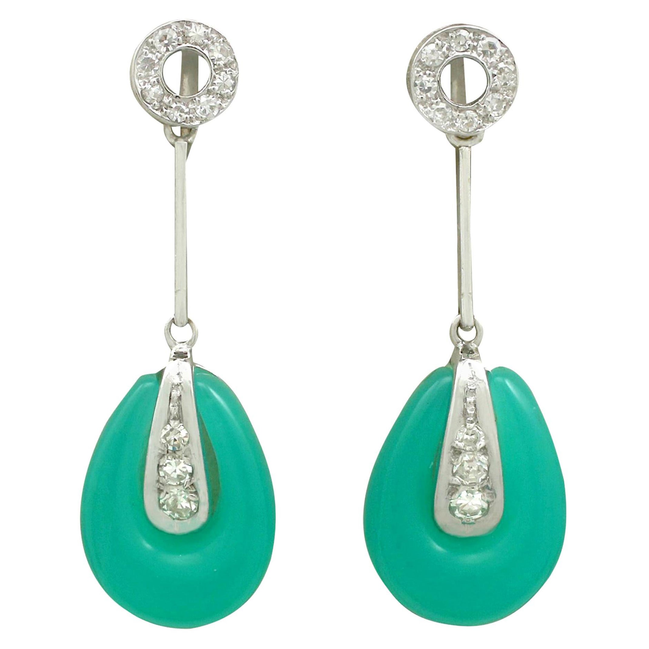 Art Deco Style Chrysoprase and Diamond White Gold Drop Earrings