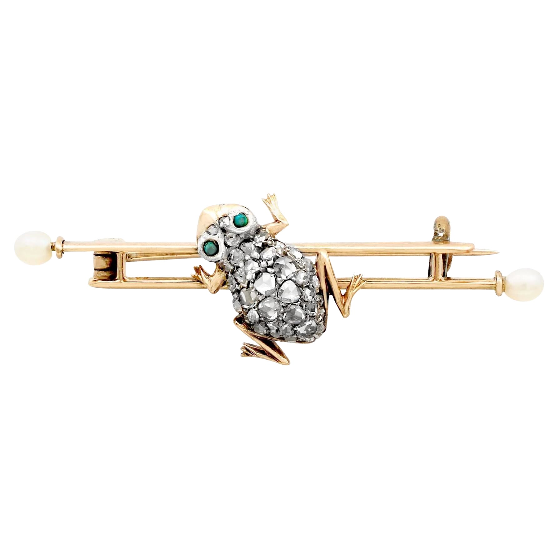 Diamond and Seed Pearl Imitation Gemstone and Yellow Gold Frog Bar Brooch For Sale