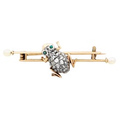 Diamond and Seed Pearl Imitation Gemstone and Yellow Gold Frog Bar Brooch