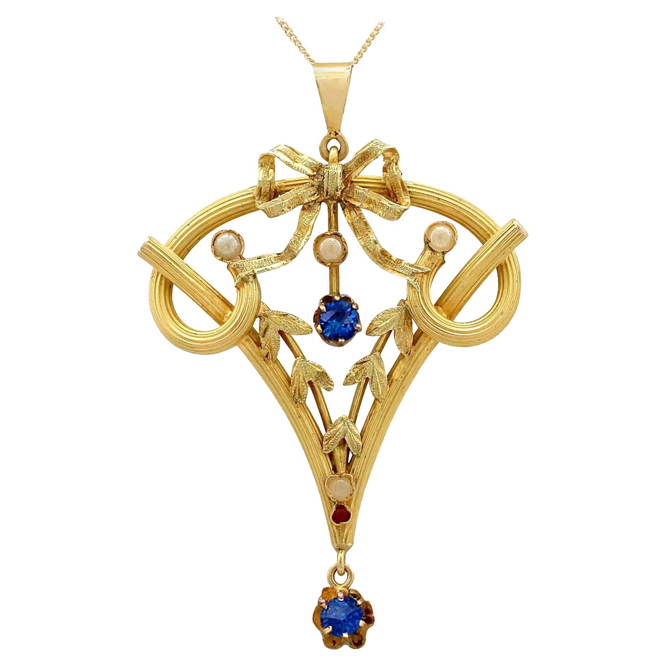 Antique Art Nouveau Ruby Sapphire and Seed Pearl Yellow Gold Pendant