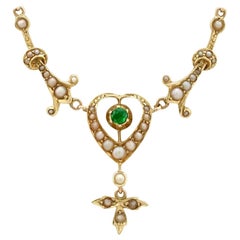 Antique 1890s Peridot and Seed Pearl Yellow Gold Necklace