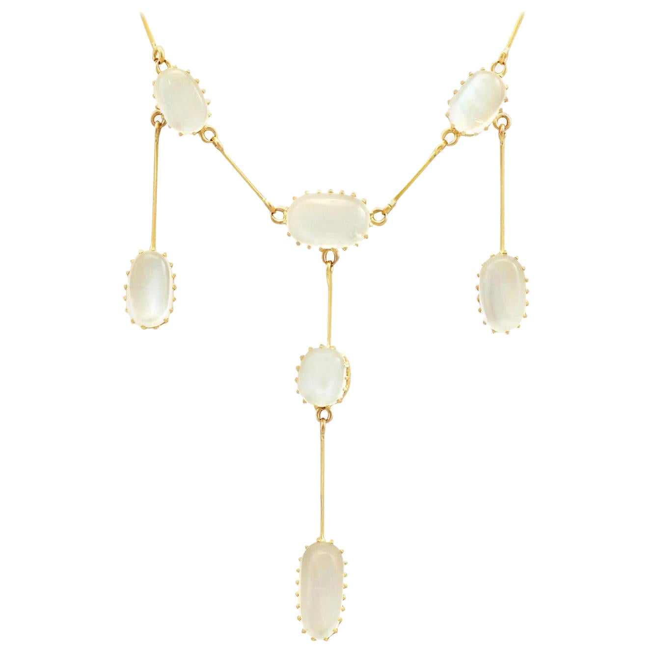 Edwardian Dazzling Antique Moonstone Drop Gold Necklace at 1stDibs