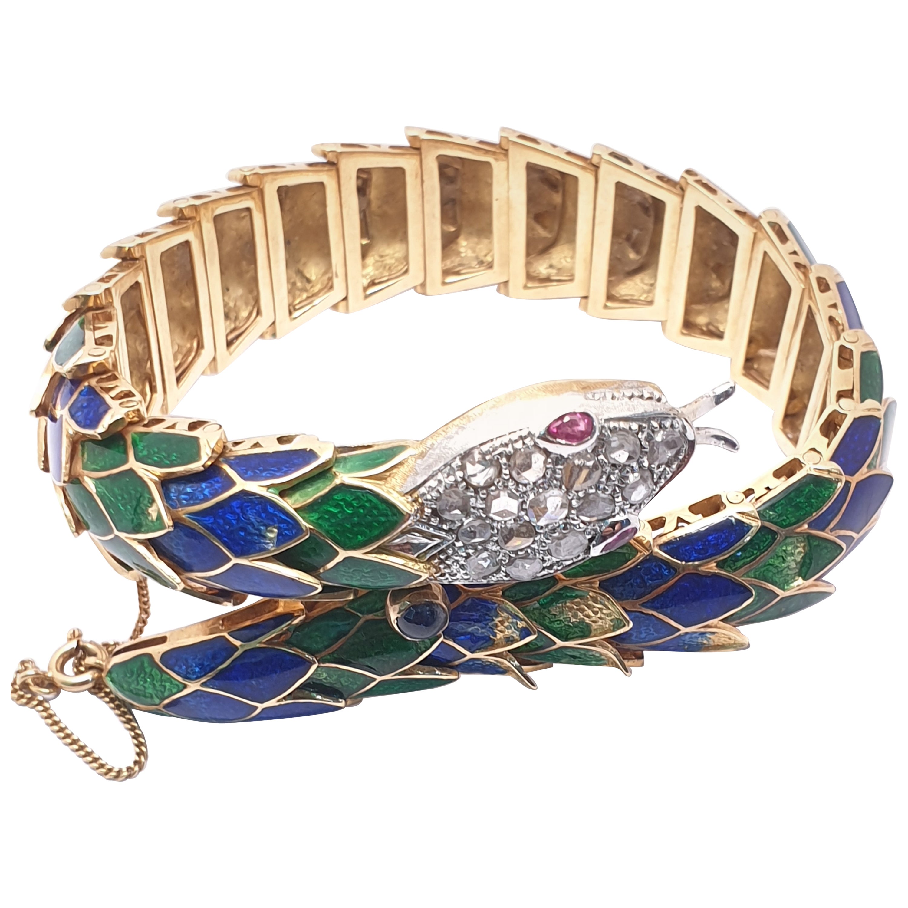 Enamel Diamond Gold Platinum Snake Bracelet For Sale at 1stDibs