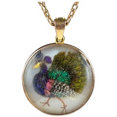 Victorian Pendant Necklace Feathered Peacock 9 Carat Gold Chain, circa 1880