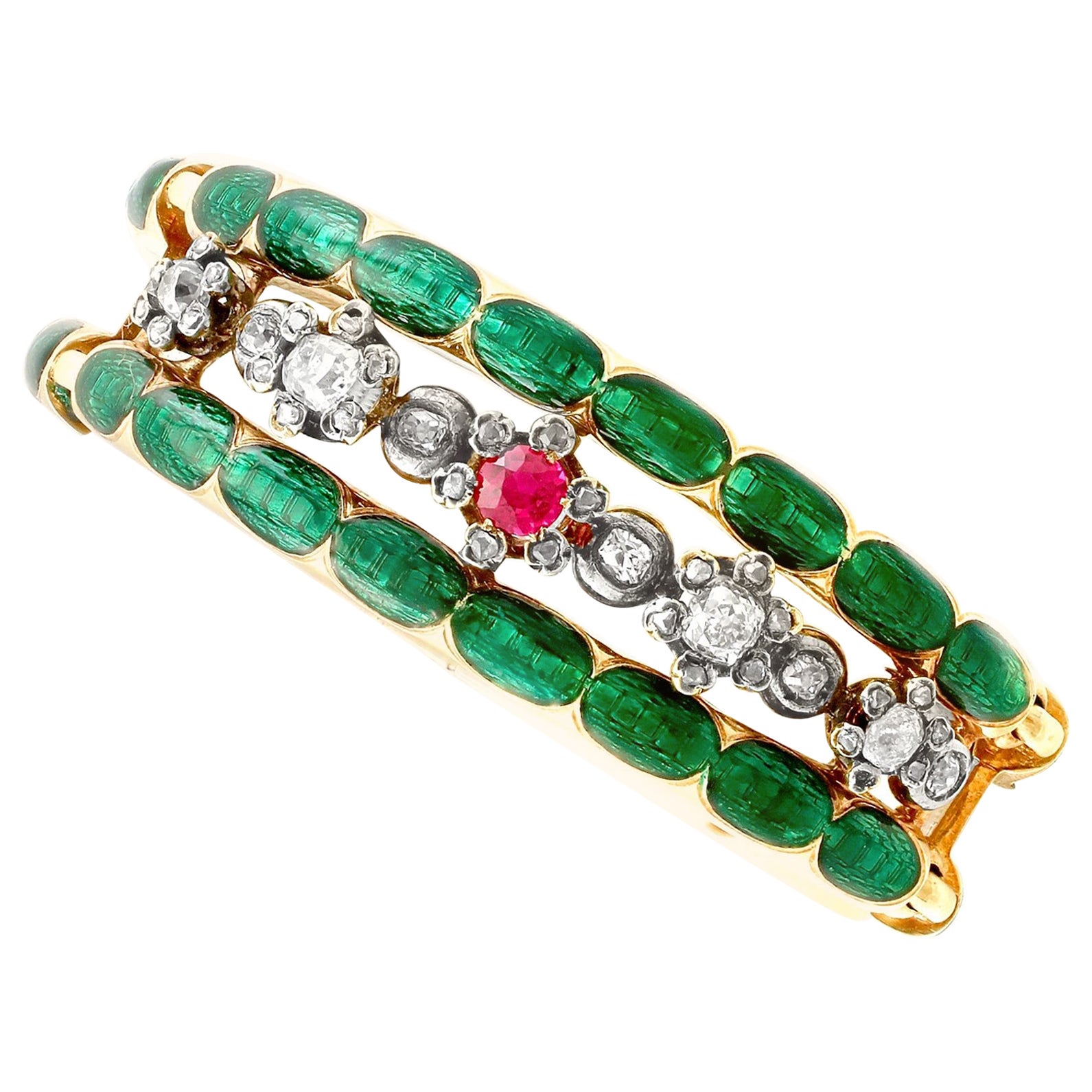 Antique Russian 2.86 Carat Diamond Synthetic Ruby and Enamel and Gold Bangle For Sale