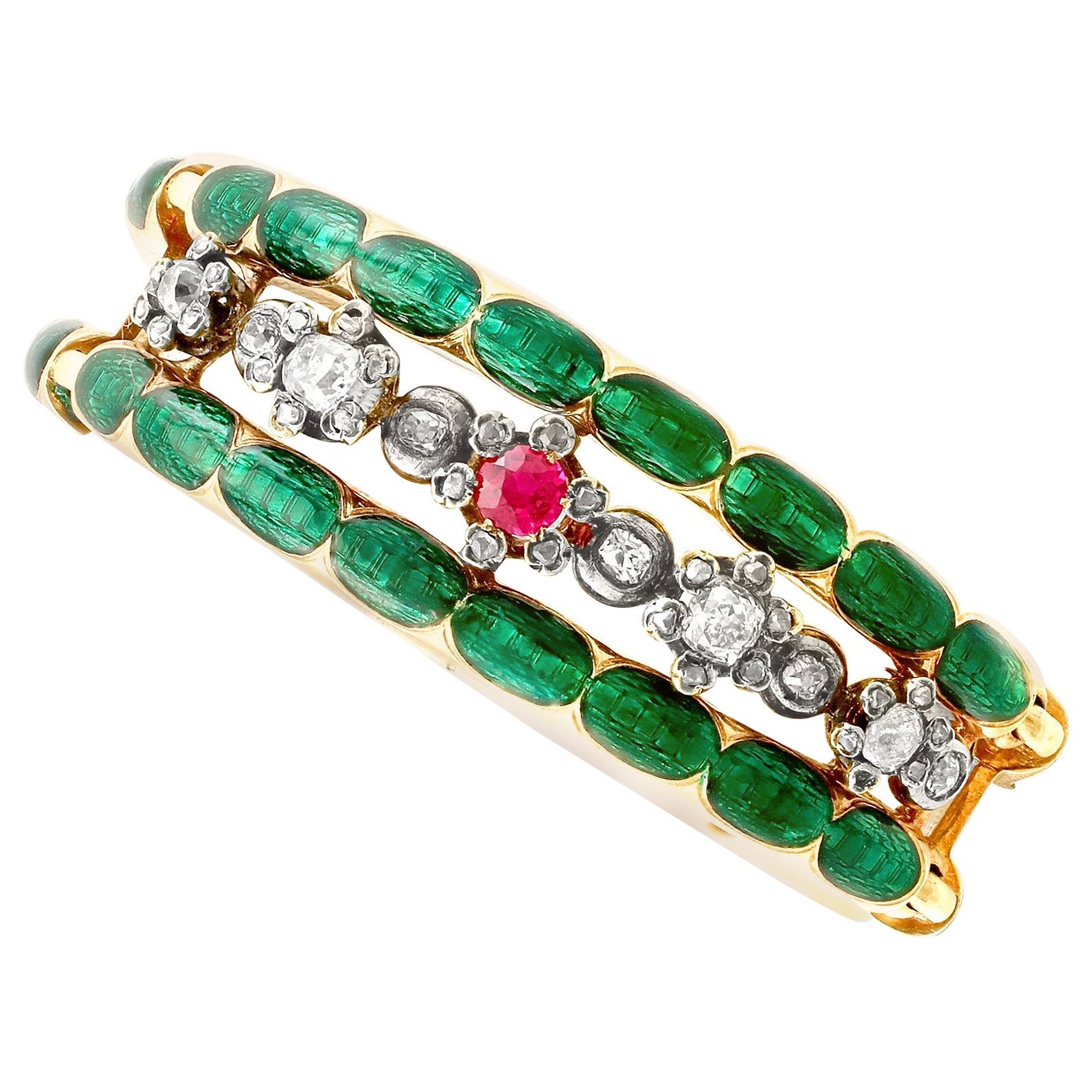 Antique Russian 2.86 Carat Diamond Synthetic Ruby and Enamel and Gold Bangle