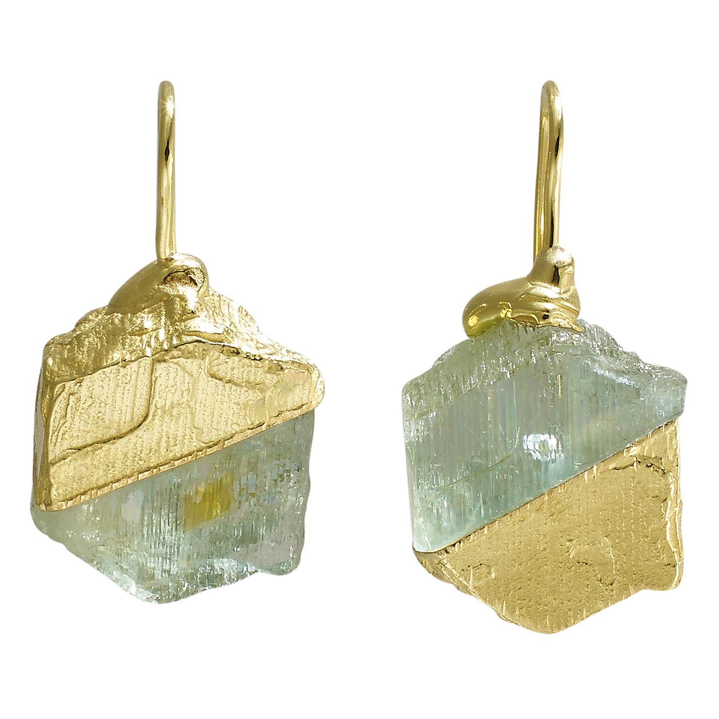 The Rock Hound's RockStars Raw Albite Drop Earrings in 18 Carat Yellow Gold For Sale