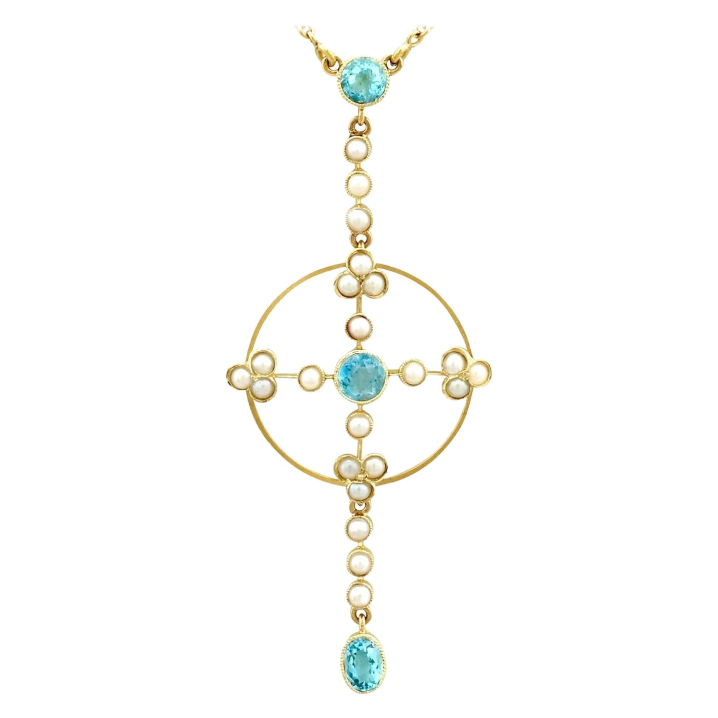 Antique Victorian Aquamarine and Pearl Yellow Gold Pendant, circa 1890