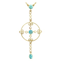 Antique Victorian Aquamarine and Pearl Yellow Gold Pendant, circa 1890