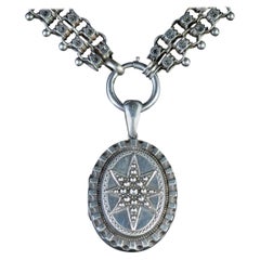 Antique Victorian Star Locket Necklace Sterling Silver Collar Dated 1882