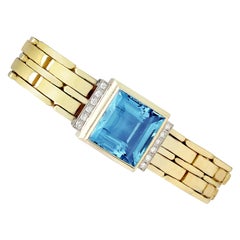 Gelbgoldarmband im Art-Déco-Stil der 1960er Jahre mit 21,68 Karat Aquamarin und Diamant