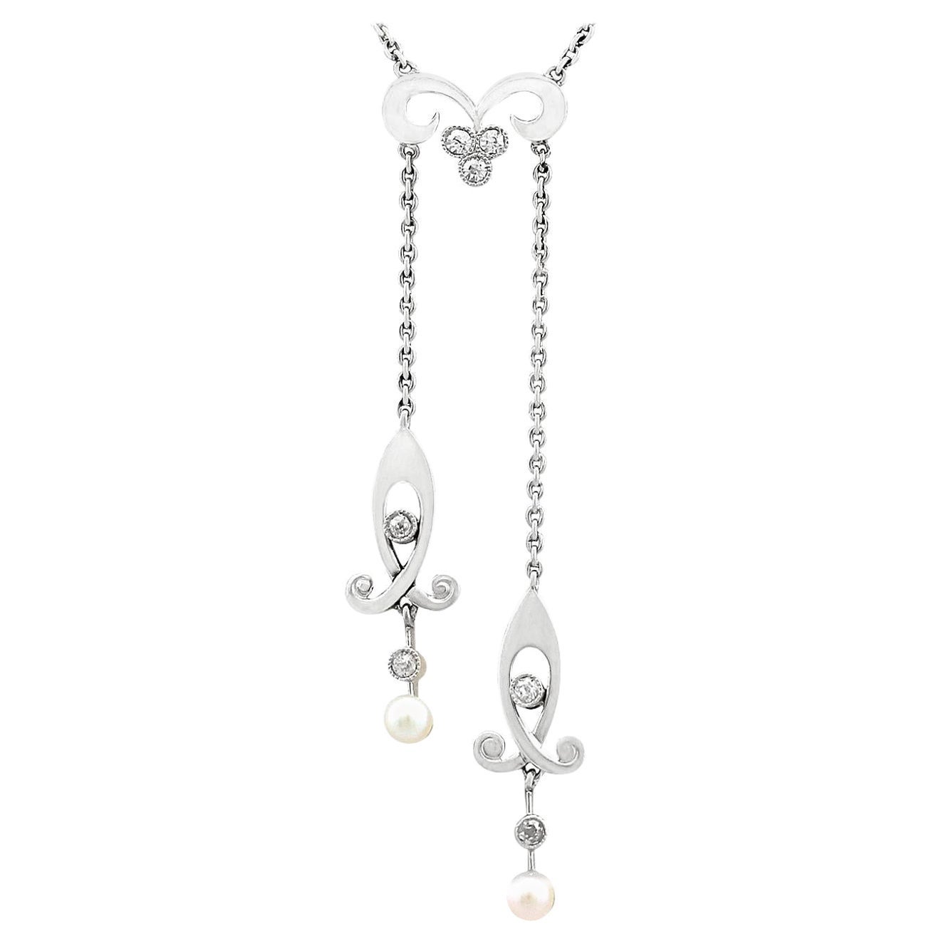 French Art Nouveau Pearl and Diamond Yellow Gold and Platinum Necklace