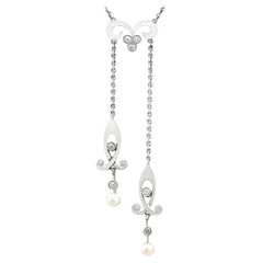 French Art Nouveau Pearl and Diamond Yellow Gold and Platinum Necklace