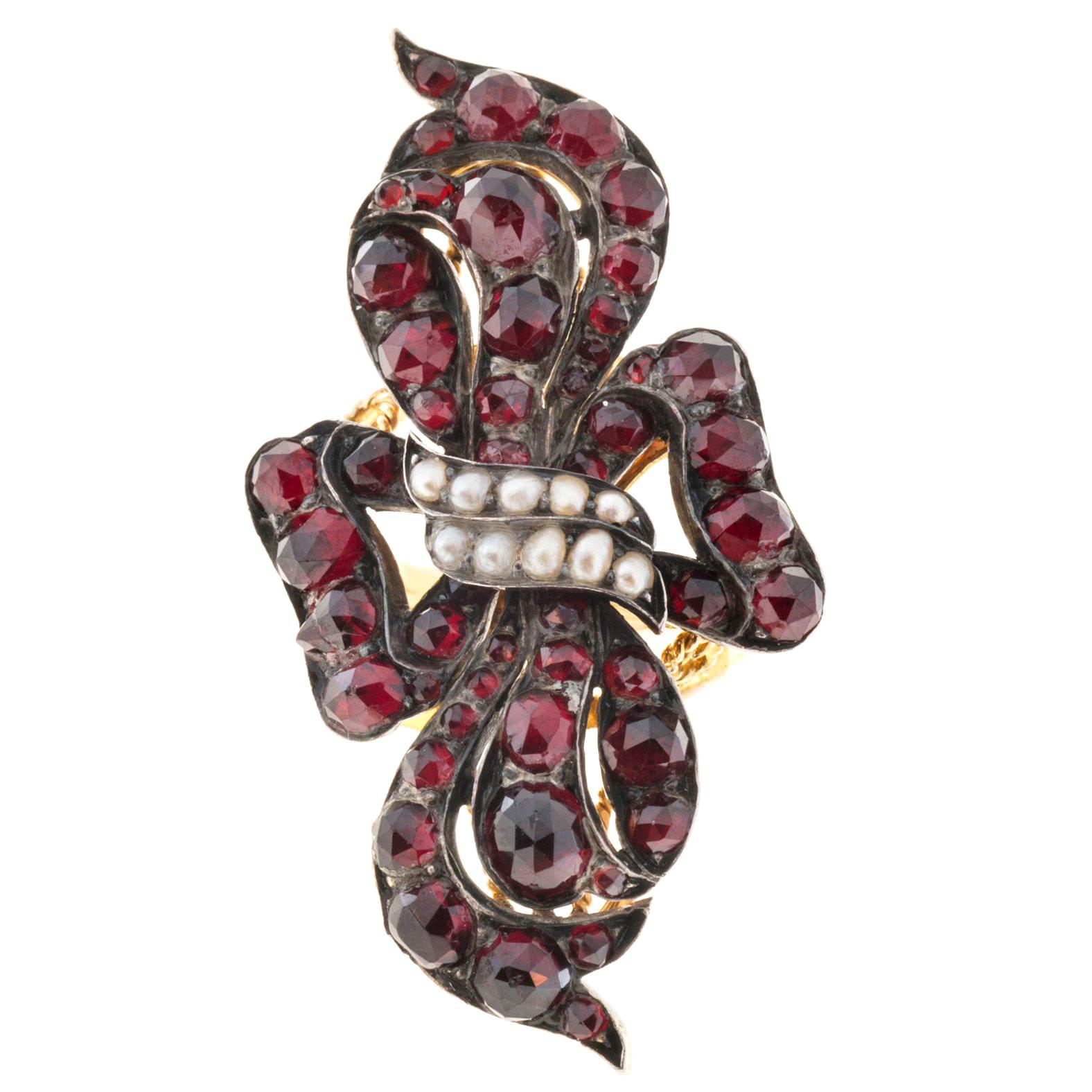 6.50 Carat Garnet Natural Pearl Silver Gold Ribbon Cocktail Ring For Sale