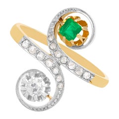Antique Emerald and Diamond Yellow and White Gold Set Cocktail Ring