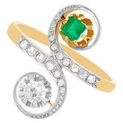 Antique Emerald and Diamond Yellow and White Gold Set Cocktail Ring