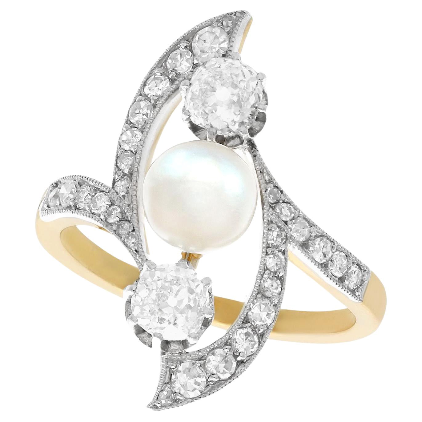 French Art Nouveau Pearl 1.14 Carat Diamond Gold and Platinum Cocktail Ring