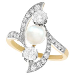 Antique French Art Nouveau Pearl 1.14 Carat Diamond Gold and Platinum Cocktail Ring