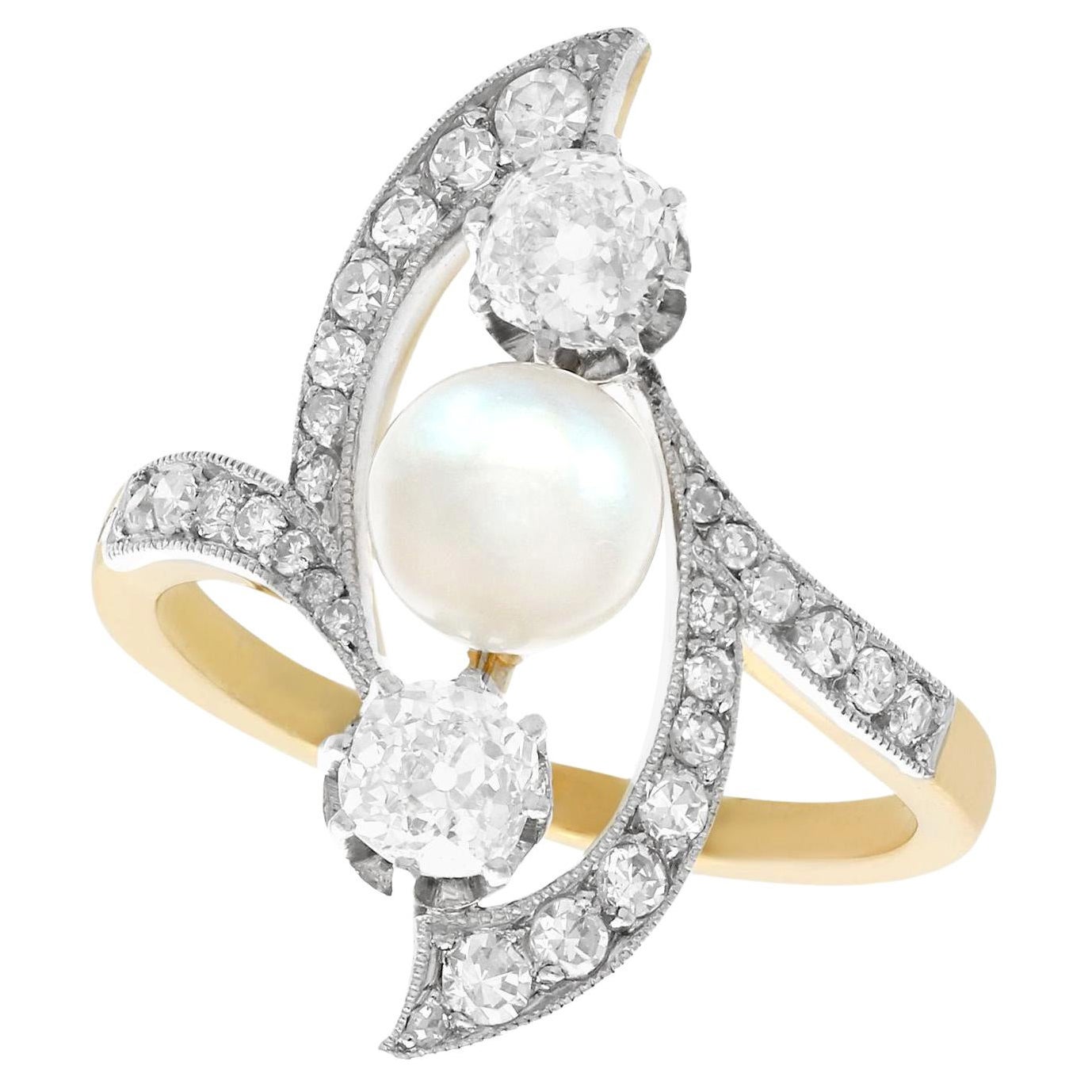 French Art Nouveau Pearl 1.14 Carat Diamond Gold and Platinum Cocktail Ring