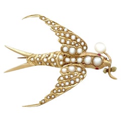 Victorian Seed Pearl and Ruby Yellow Gold Bird Brooch