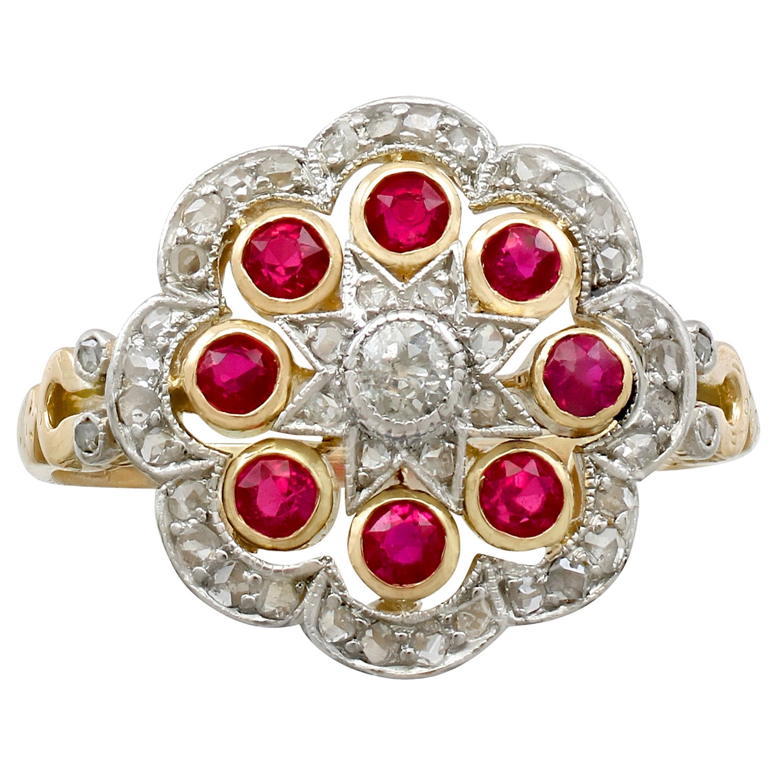 Antique French Ruby and Diamond Yellow Gold Cocktail Ring