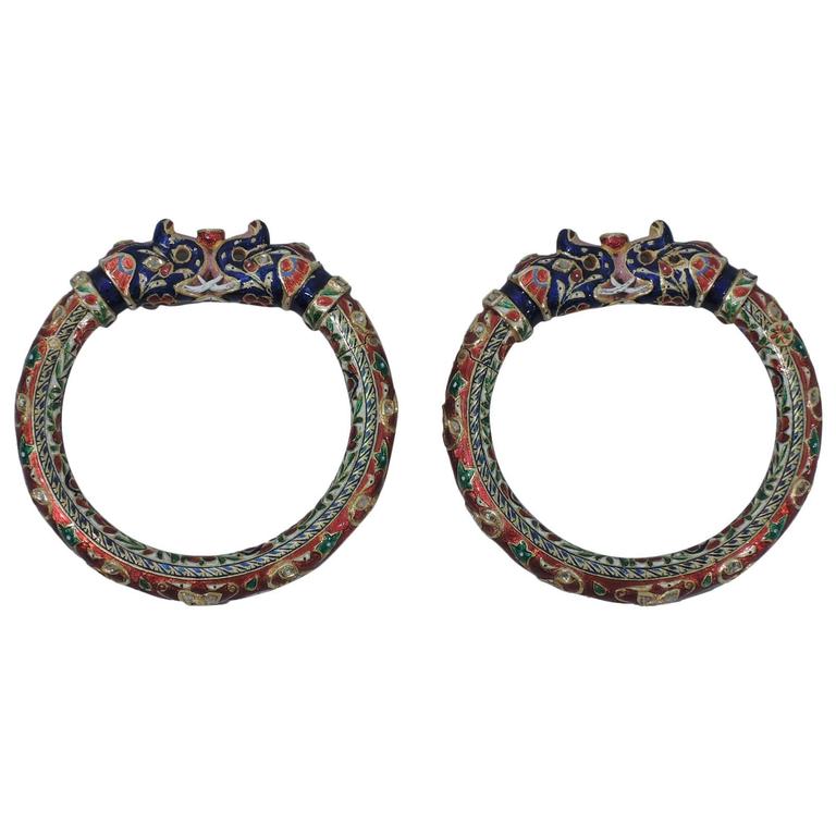 Pair of Enamel Gold Jaipur Indian Bangle Bracelets For Sale at 1stDibs