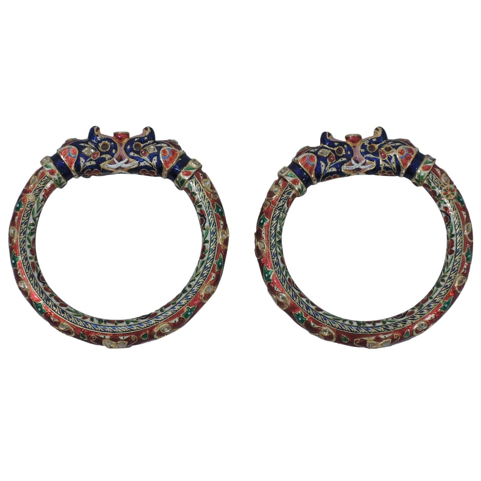Pair of Enamel Gold Jaipur Indian Bangle Bracelets