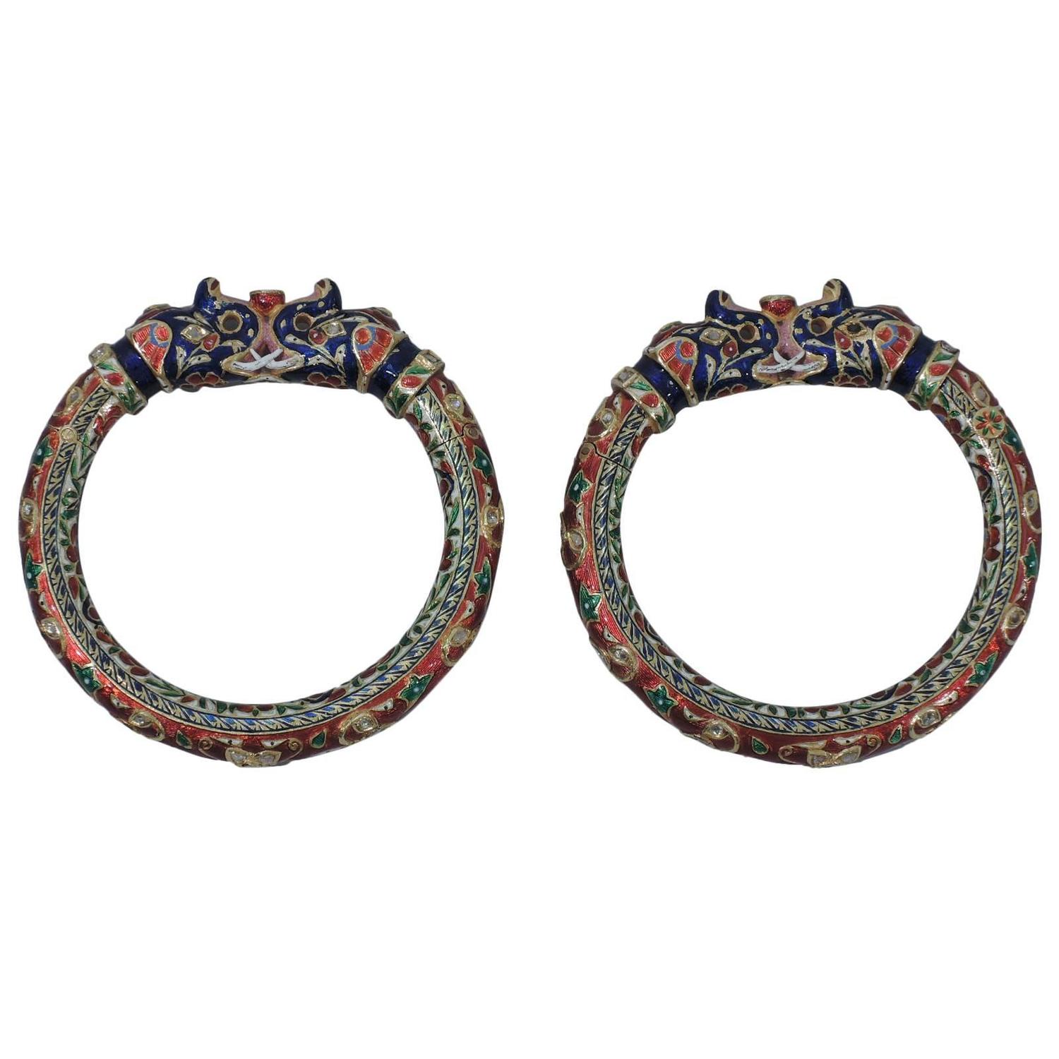 Pair of Enamel Gold Jaipur Indian Bangle Bracelets For Sale at 1stdibs