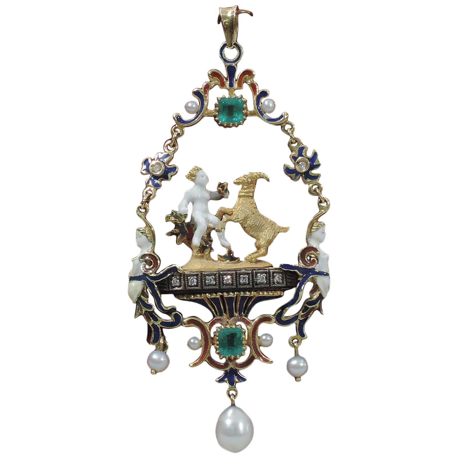 Renaissance Revival Gold and Enamel Pendant with Pearls and Emeralds