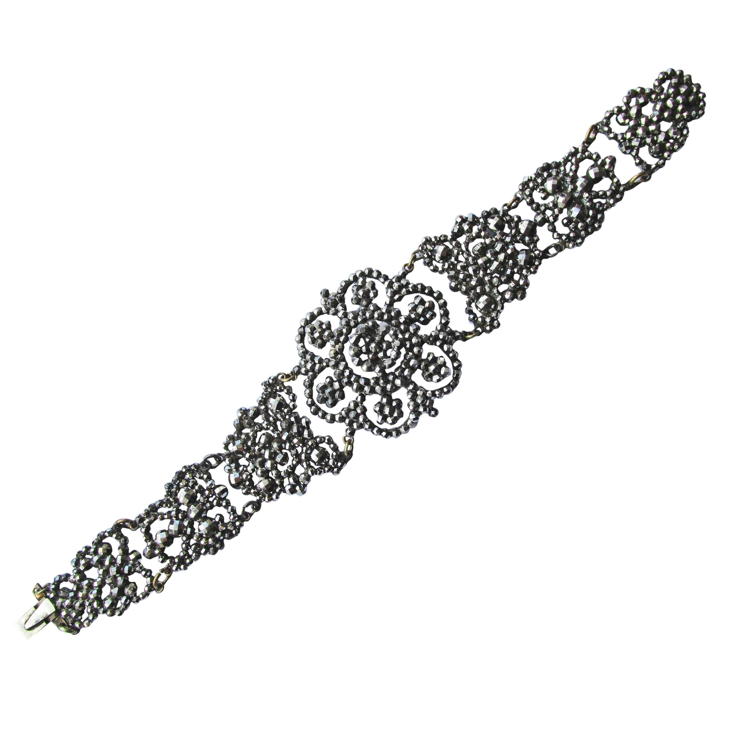 Antique Victorian Cut Steel Floral Motif Bracelet