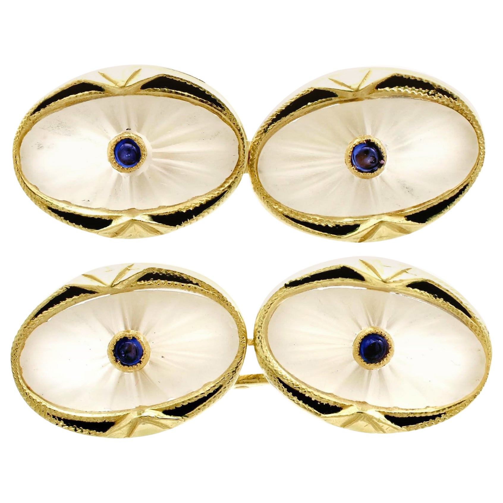 1920s Sapphire and Rock Crystal Enamel Yellow Gold Cufflinks For Sale
