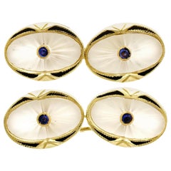 Antique 1920s Sapphire and Rock Crystal Enamel Yellow Gold Cufflinks