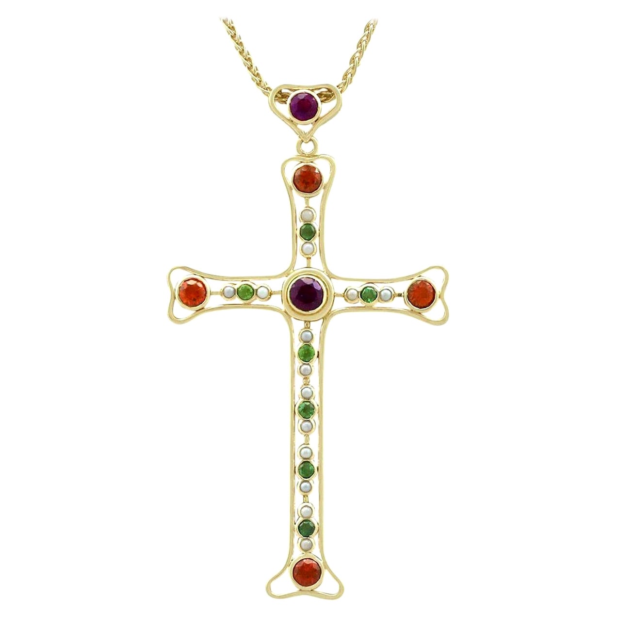 3.35 Carat Amethyst and Peridot Citrine and Seed Pearl Yellow Gold Cross Pendant For Sale