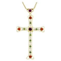 Retro 3.35 Carat Amethyst and Peridot Citrine and Seed Pearl Yellow Gold Cross Pendant