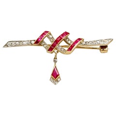 Antique Victorian Ruby and Diamond Yellow Gold Bar Brooch