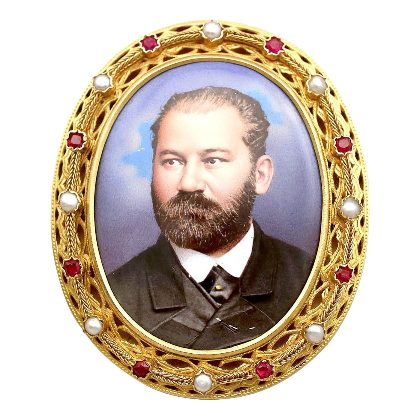 1890s Enamel and Seed Pearl 1.10 Carat Ruby and Yellow Gold Brooch