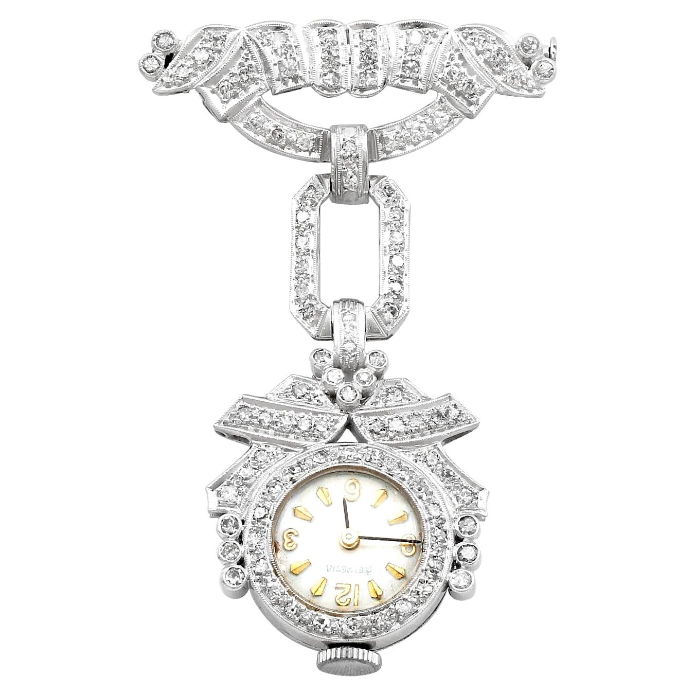 1940er Jahre Vintage 1,50 Karat Diamant und Platin Damen Cocktail-Fob-Uhr im Angebot