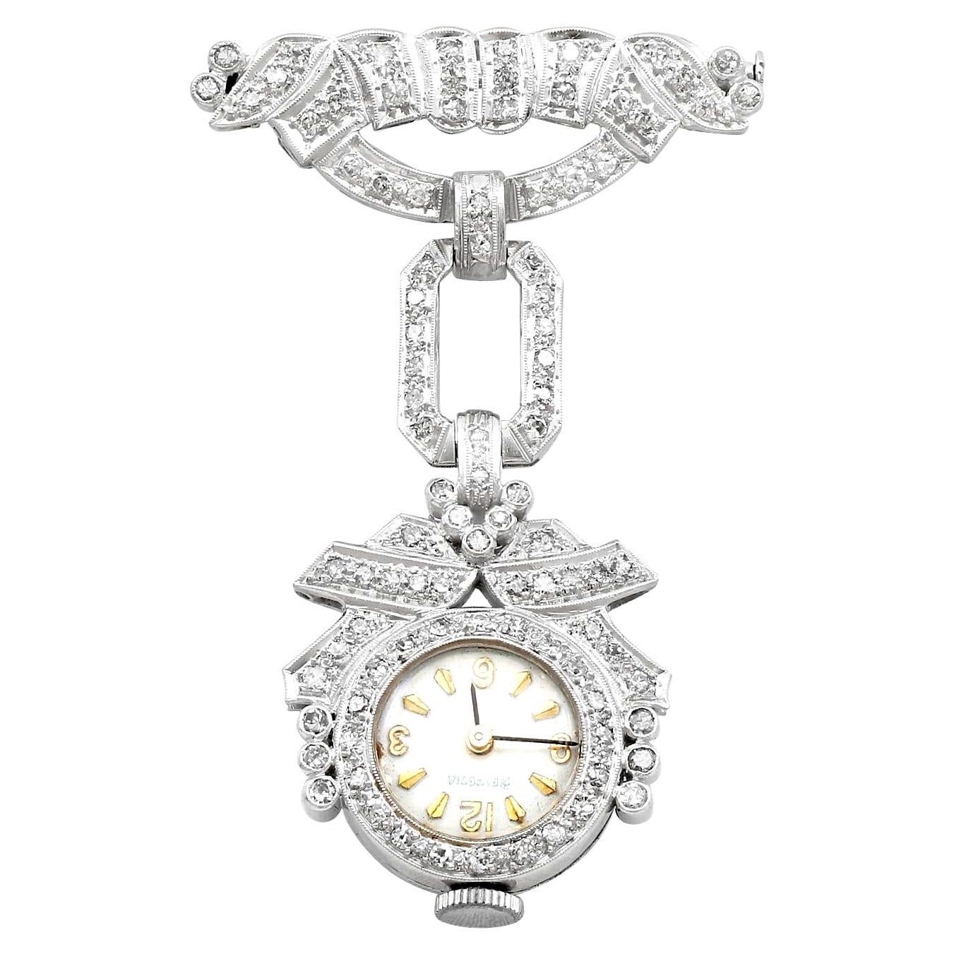 1940s Vintage 1.50 Carat Diamond and Platinum Ladies Cocktail Fob Watch For Sale