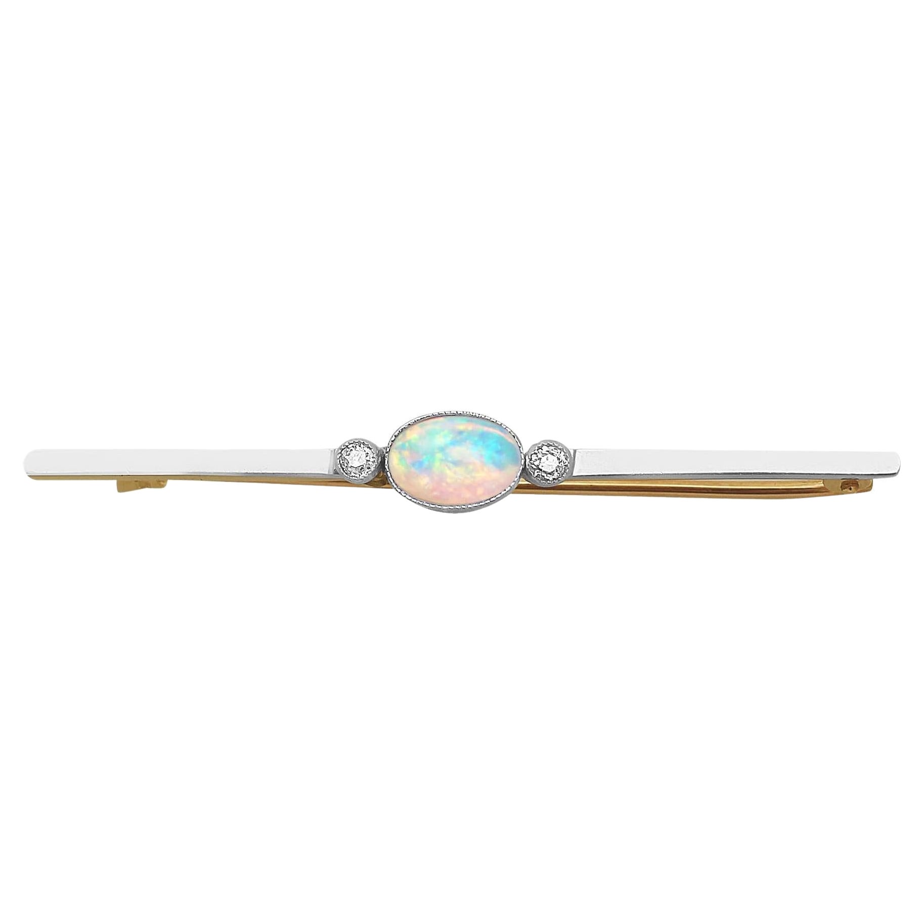 Antique 1910s Opal Diamond Yellow Gold Bar Brooch For Sale