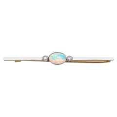 Antique 1910s Opal Diamond Yellow Gold Bar Brooch