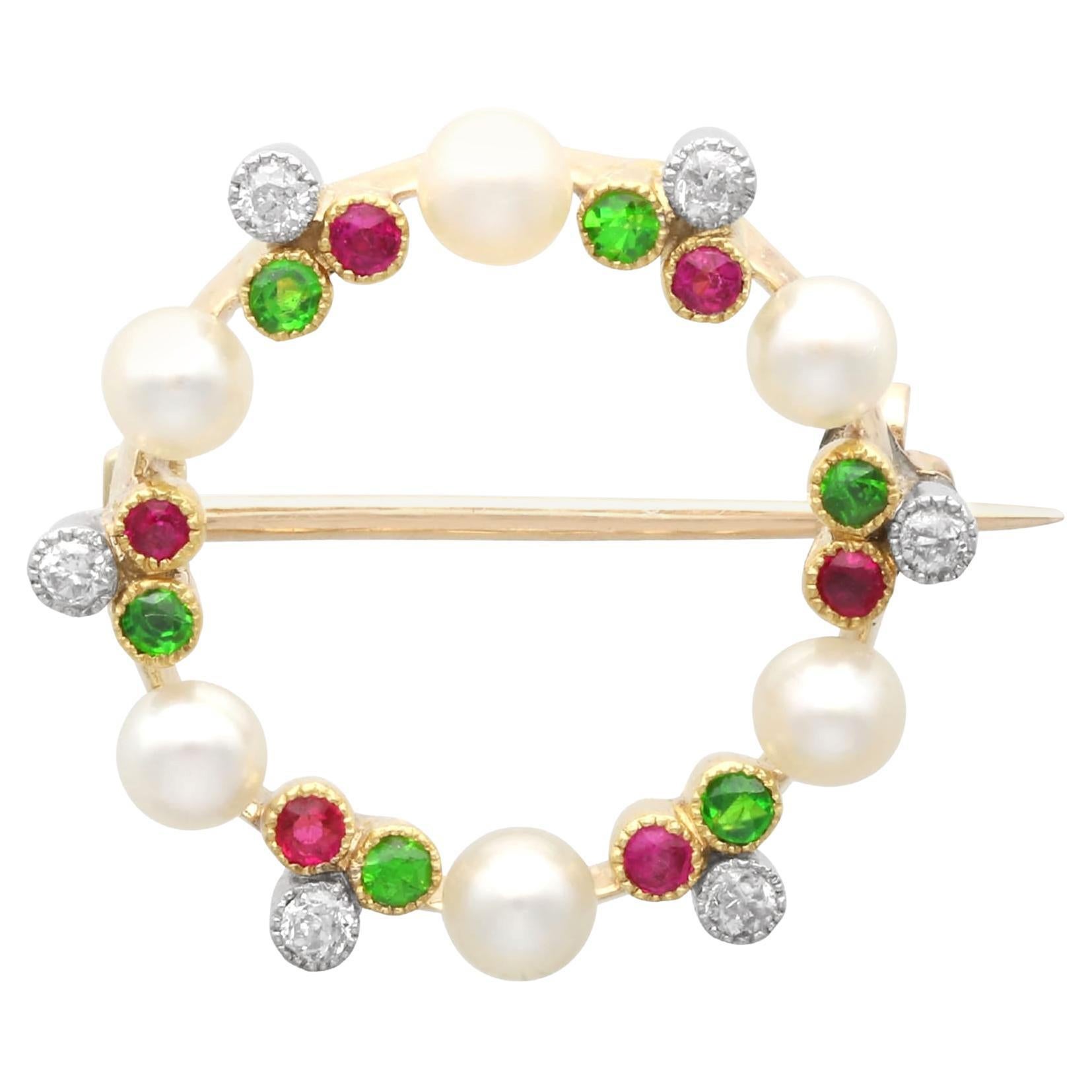 1910s Pearl Diamond Peridot and Ruby Yellow Gold Brooch