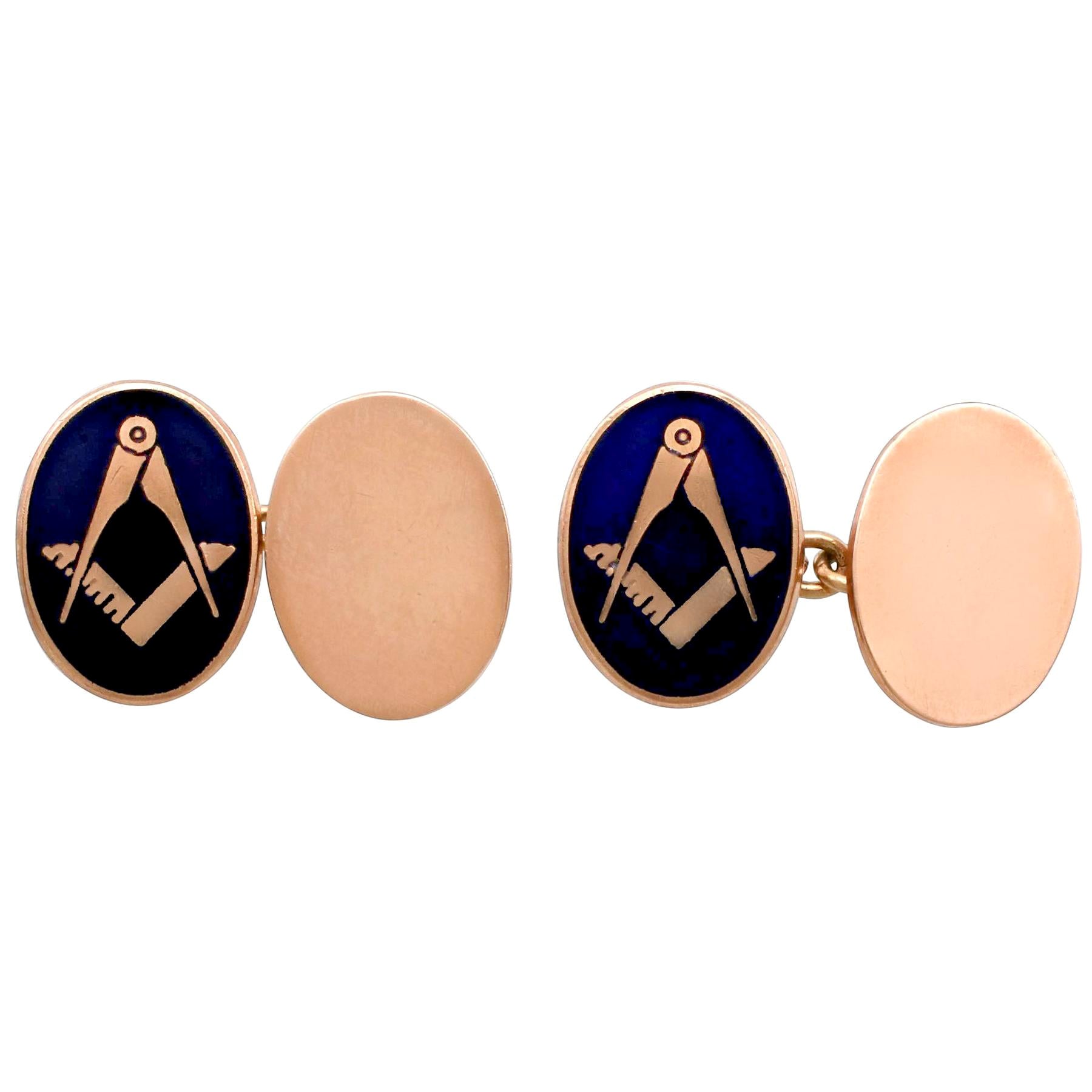 Vintage 1970s Rose Gold and Enamel Freemasons' 'Square and Compass' Cufflinks For Sale