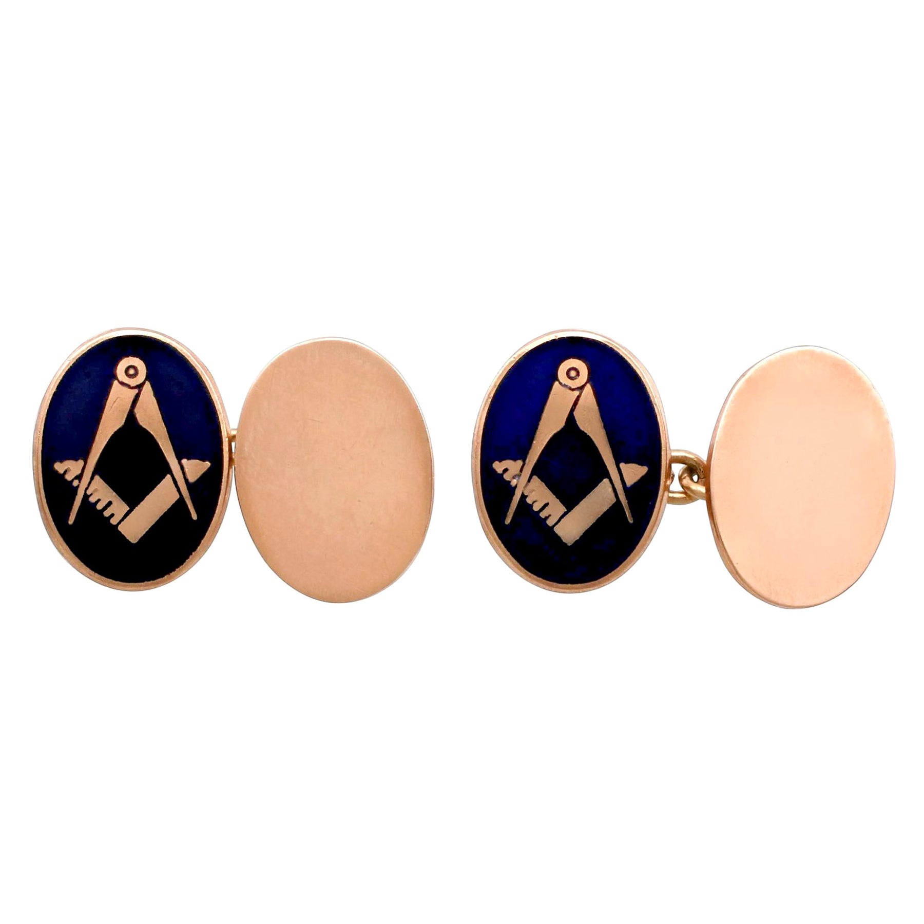 Gemelos vintage de oro rosa y esmalte de los años 70 "Escuadra y compás" de los francmasones