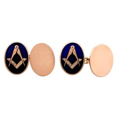Gemelos vintage de oro rosa y esmalte de los años 70 "Escuadra y compás" de los francmasones